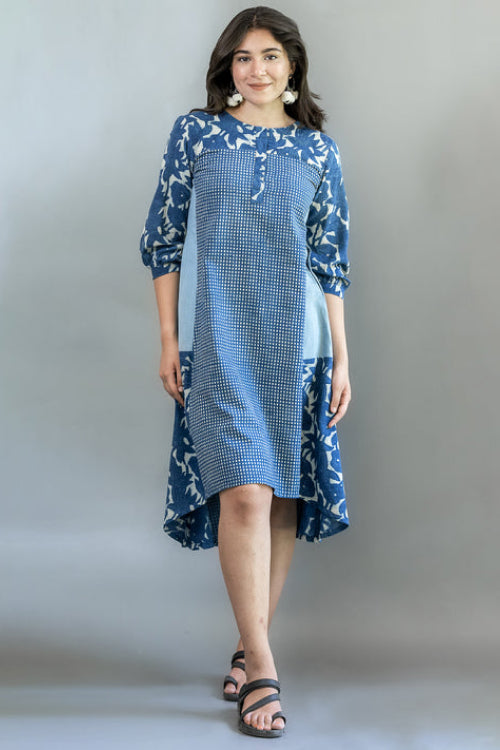 MORALFIBRE NATURAL INDIGO MULTI PRINT DRESS WITH 3/4TH SLEEVES