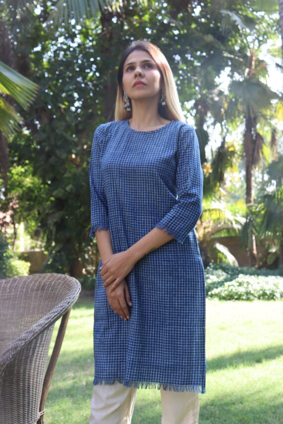 MORALFIBRE NATURAL INDIGO CHECKERED PRINTED KURTI WITH SIGNATURE RAW EDGES