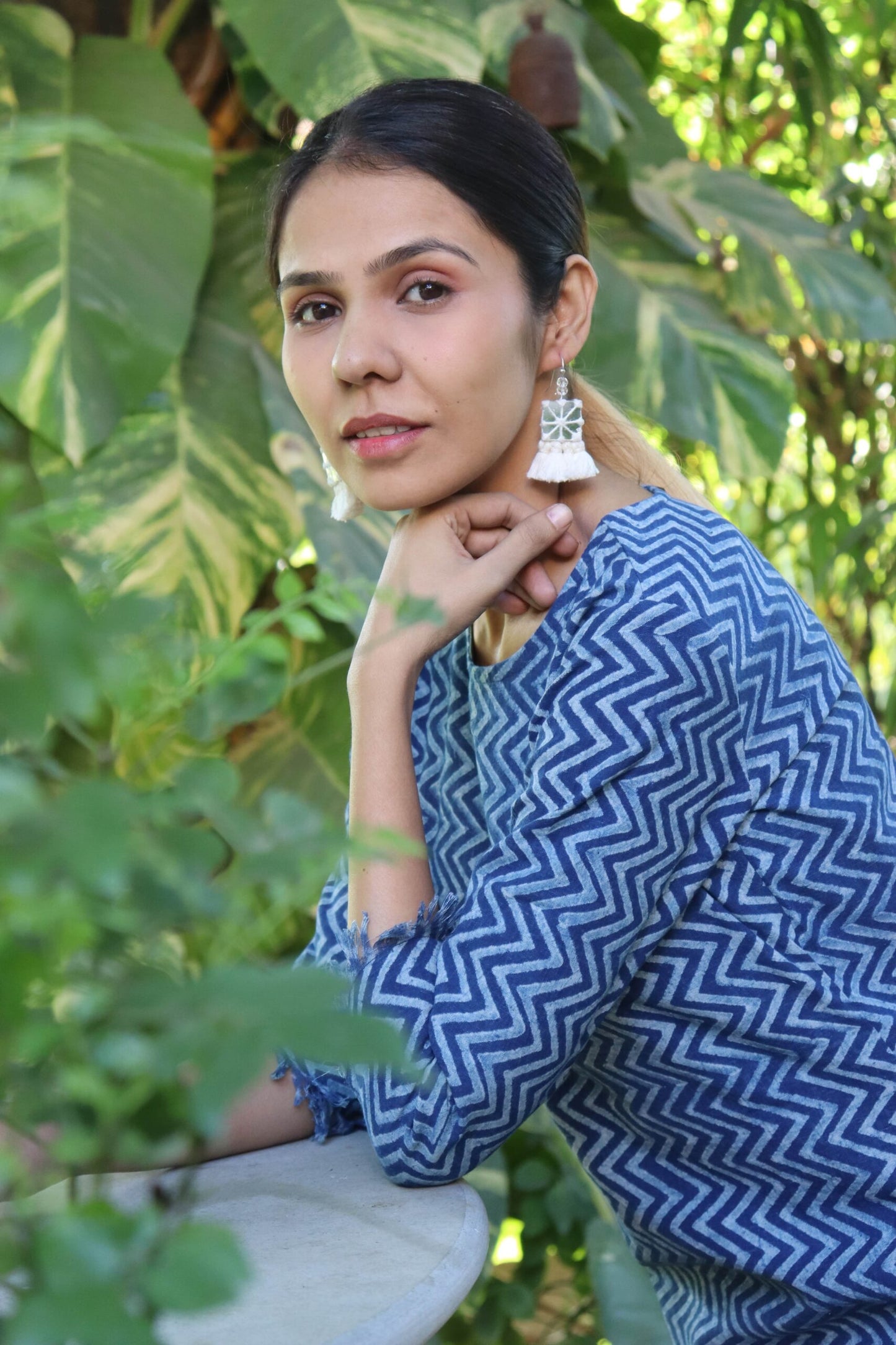 MORALFIBRE INDIGO ZIG ZAG PRINTED KURTI WITH RAW EDGES