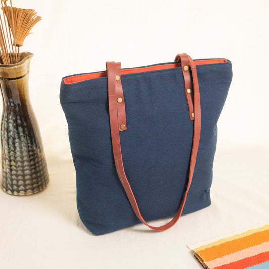 Indigo Tote with Leather-Like Straps
