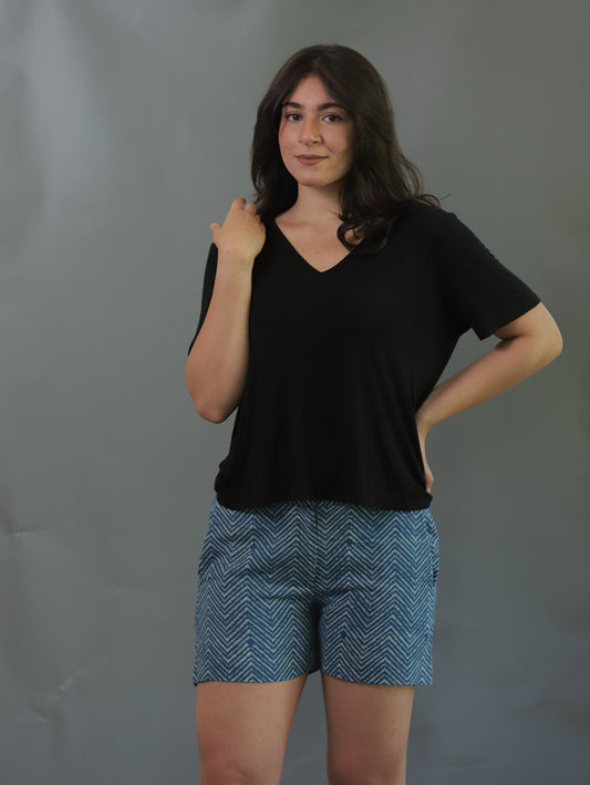 MORALFIBRE NATURAL INDIGO ZIG ZAG HAND BLOCK PRINTED SHORTS