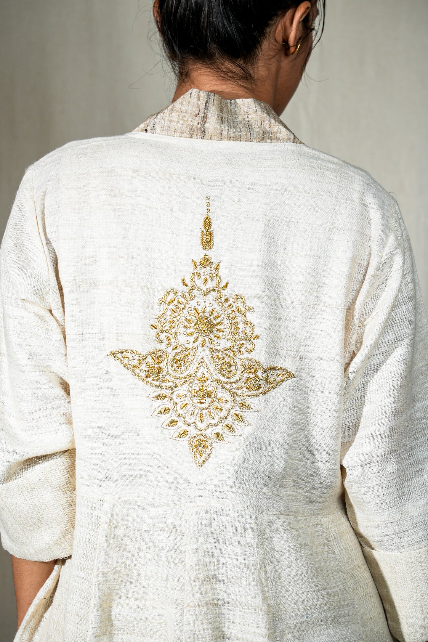 MORALFIBRE  ERISILK OPEN OVERLAY WITH INTRICATE ZARDOSI  BUTTA  AT BACK  FROM "SHAPES COLLECTION"