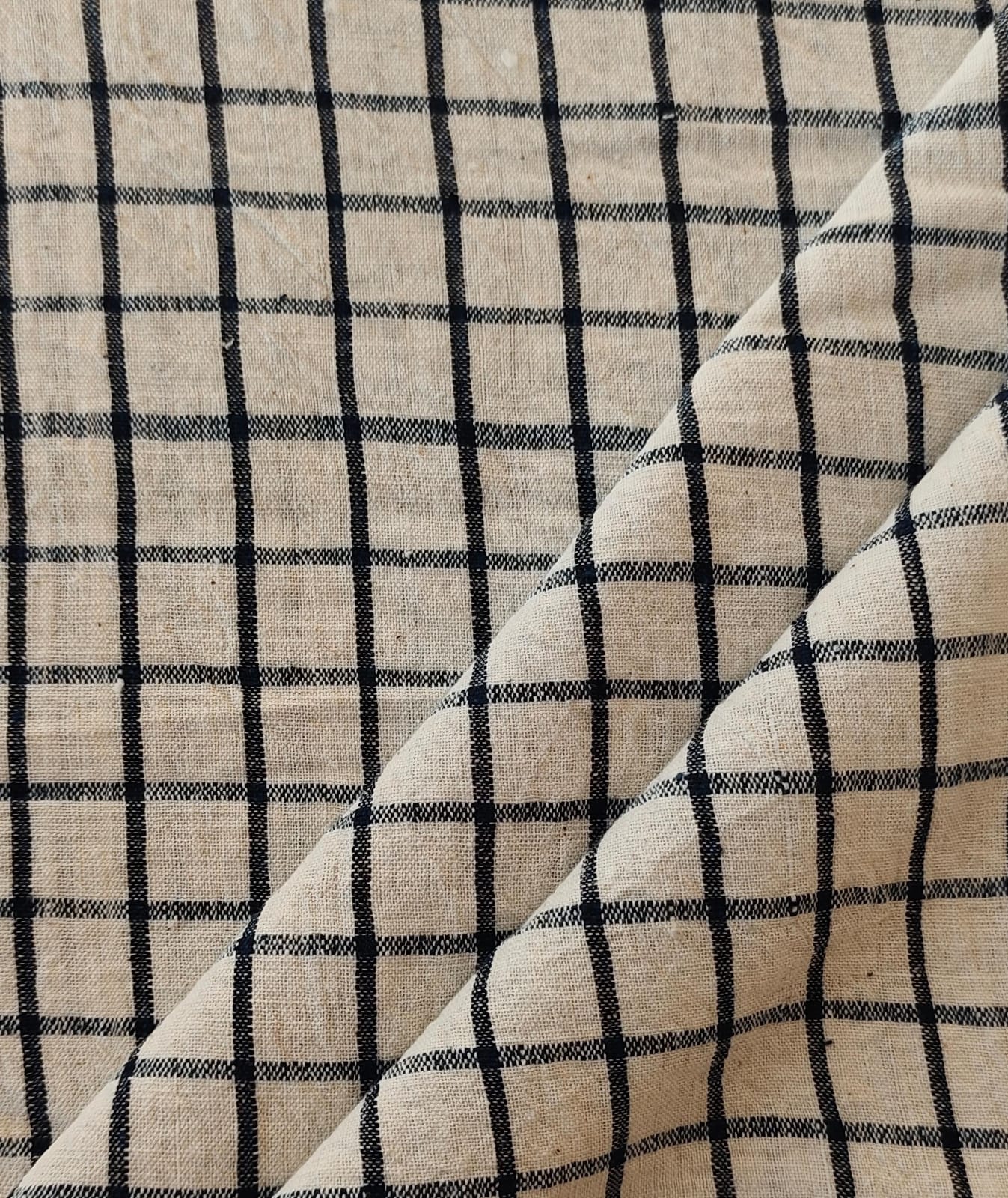 MORALFIBRE 100% Cotton handspun handwoven Dark Navy Blue 1" checks  fabric  1" checks  fabric