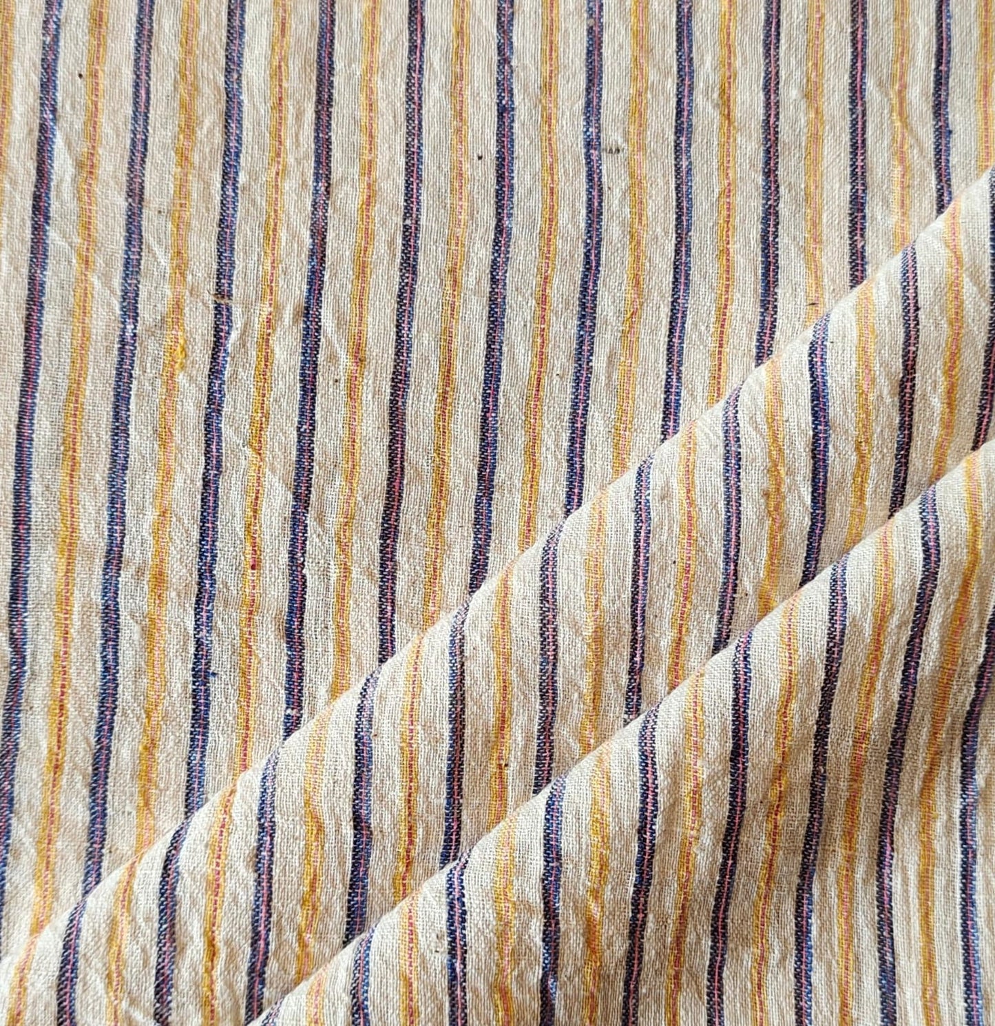 MORALFIBRE 100% Cotton handspun handwoven Blue & Yellow  Bold stripe fabric