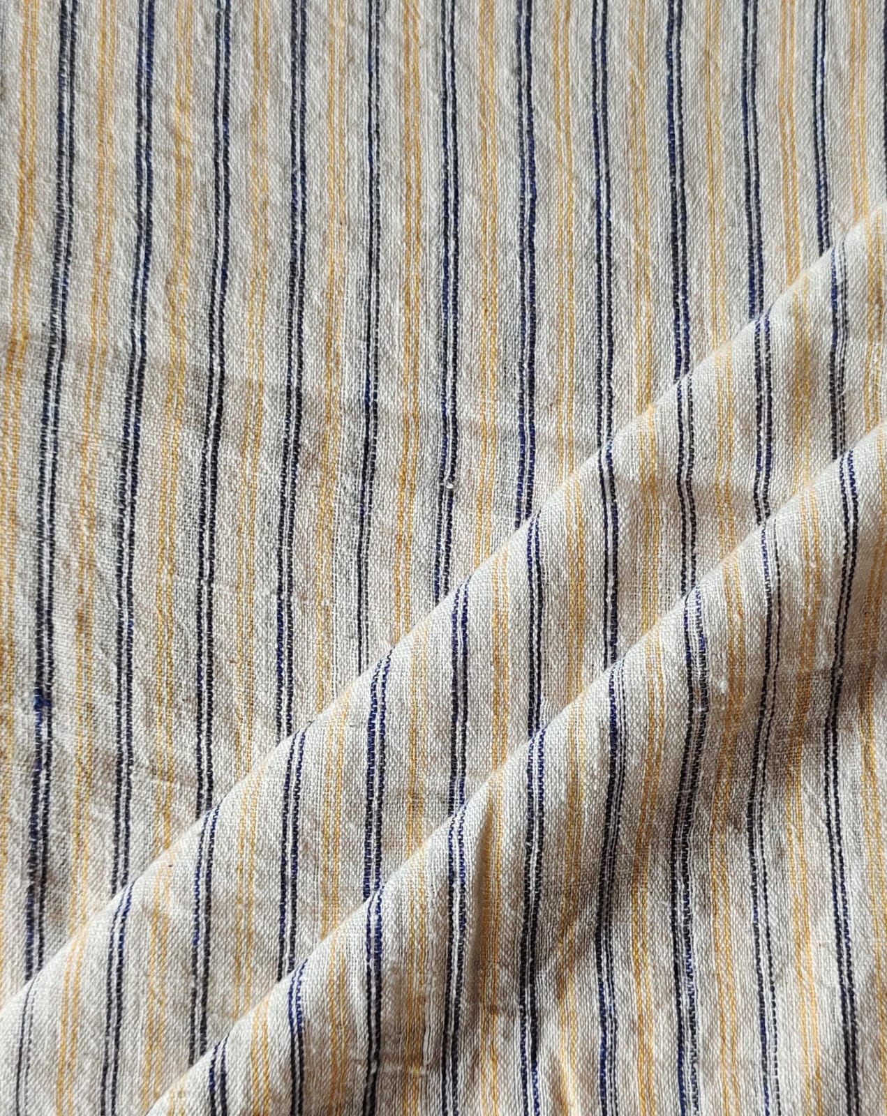 MORALFIBRE 100% Cotton handspun handwoven Blue & Yellow Thin twin Stripes Fabric