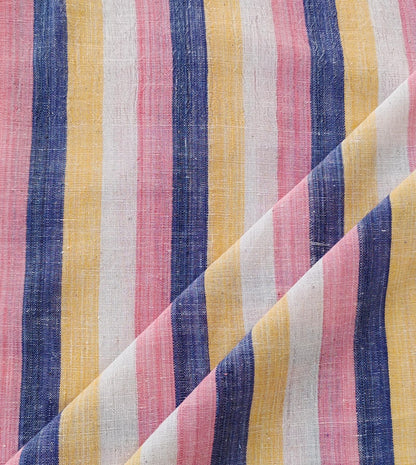 MORALFIBRE 100% Cotton handspun handwoven Pink,Yellow & Blue thick Stripes Fabric