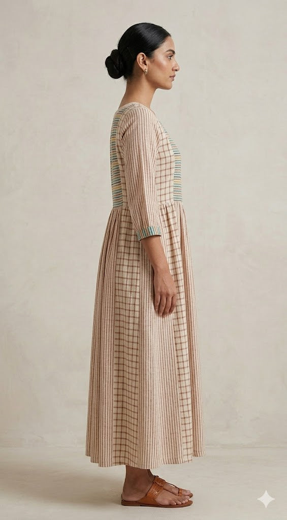 MORALFIBRE Multi Pannel Dress using Stripes and Checks from same palettle.