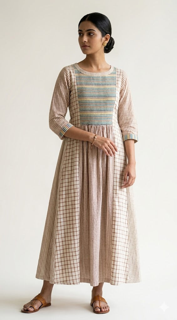 MORALFIBRE Multi Pannel Dress using Stripes and Checks from same palettle.