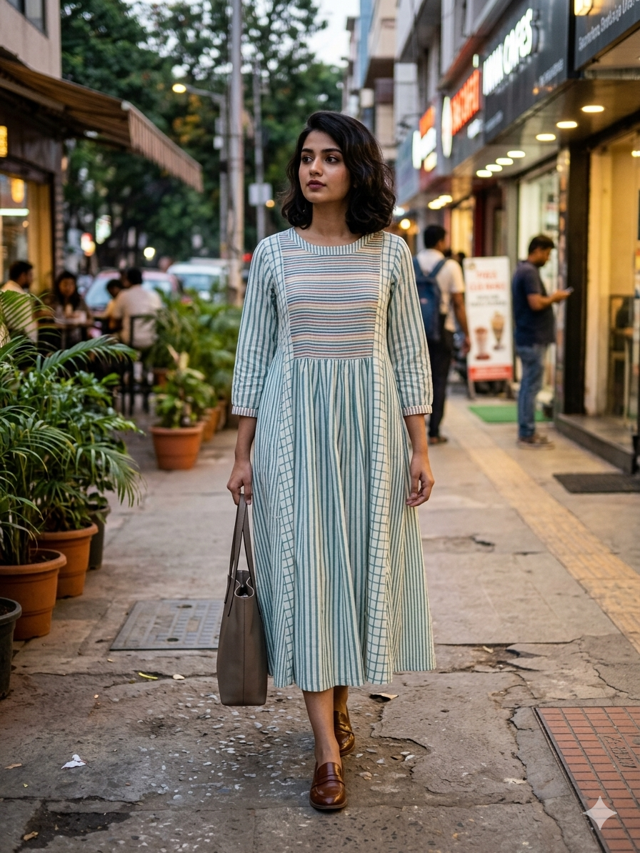 MORALFIBRE Multi Pannel Dress using Stripes and Checks from same palettle.