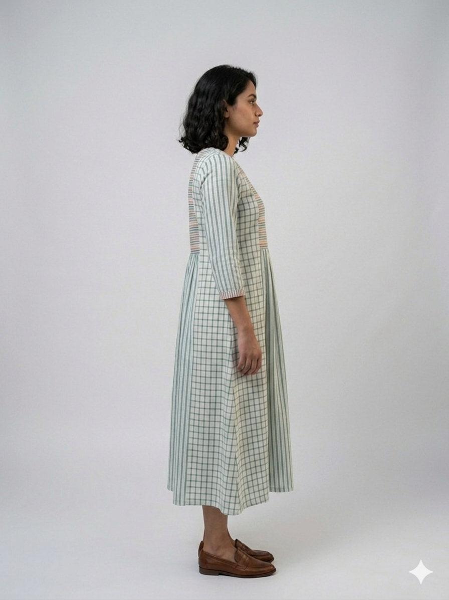 MORALFIBRE Multi Pannel Dress using Stripes and Checks from same palettle.