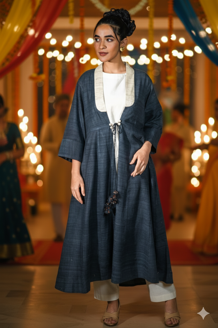 MORALFIBRE circular neck top features frayed trim on Indigo checks & plain blue body with double facing attached with contrast faggoting.