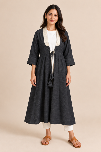 MORALFIBRE  ERISILK OPEN OVERLAY WITH INTRICATE ZARDOSI  BUTTA  AT BACK  FROM "SHAPES COLLECTION"