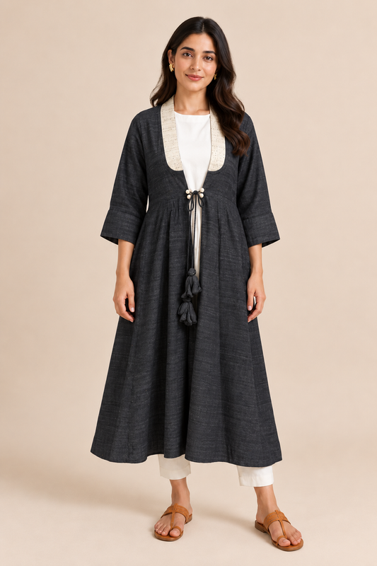 MORALFIBRE  ERISILK OPEN OVERLAY WITH INTRICATE ZARDOSI  BUTTA  AT BACK  FROM "SHAPES COLLECTION"