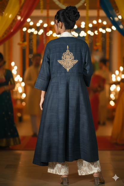 MORALFIBRE circular neck top features frayed trim on Indigo checks & plain blue body with double facing attached with contrast faggoting.