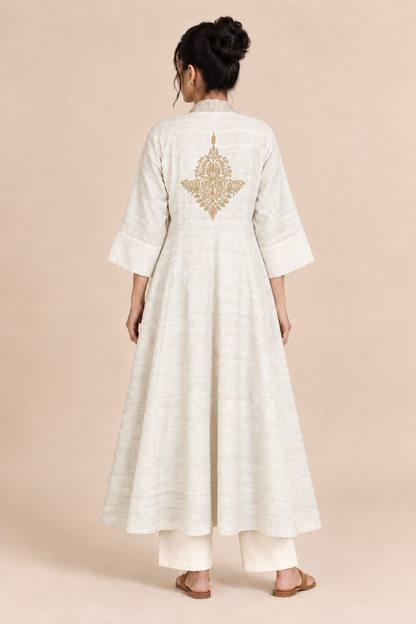 MORALFIBRE  ERISILK OPEN OVERLAY WITH INTRICATE ZARDOSI  BUTTA  AT BACK  FROM "SHAPES COLLECTION"