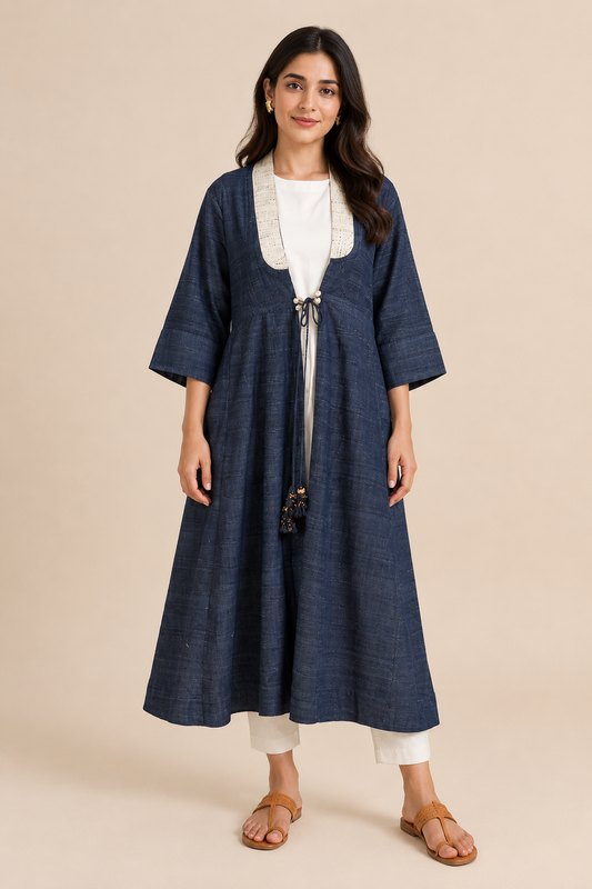 MORALFIBRE  ERISILK OPEN OVERLAY WITH INTRICATE ZARDOSI  BUTTA  AT BACK  FROM "SHAPES COLLECTION"