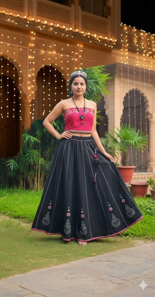 MORALFIBRE KALI CHANIYA WITH HAND BLOCK PRINTS AND MUKAISH & MIRROR WORK