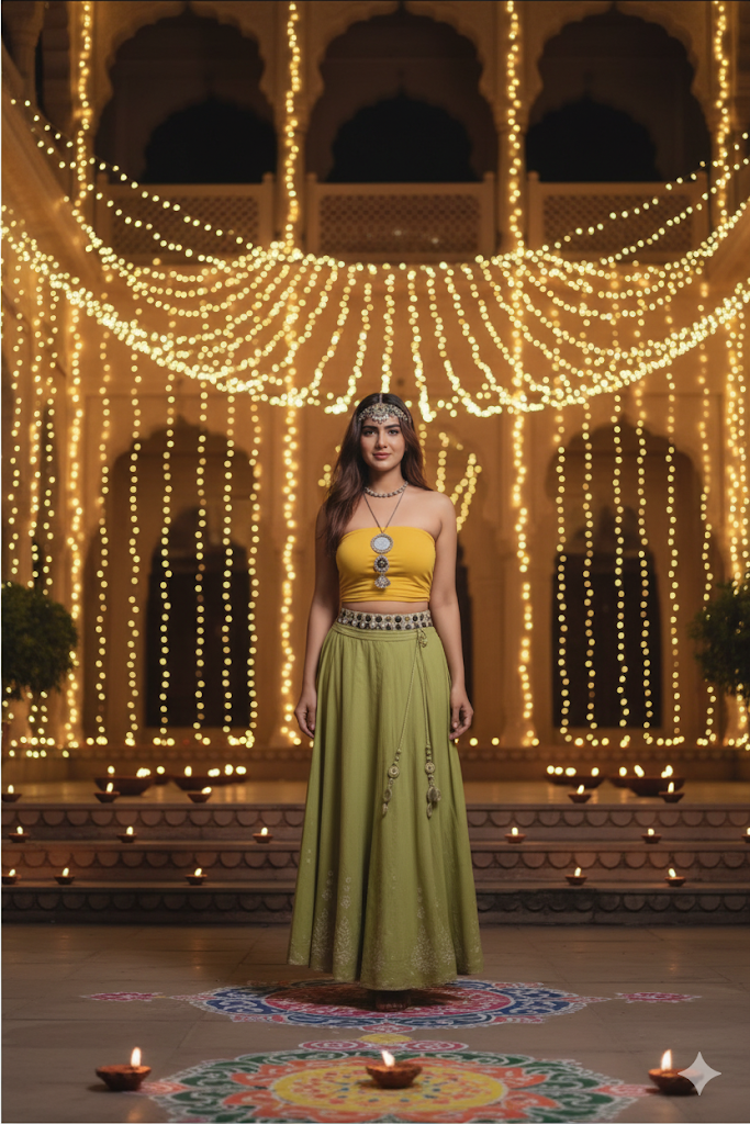 MORALFIBRE KALI CHANIYA WITH HAND BLOCK PRINTS AND MUKAISH & MIRROR WORK