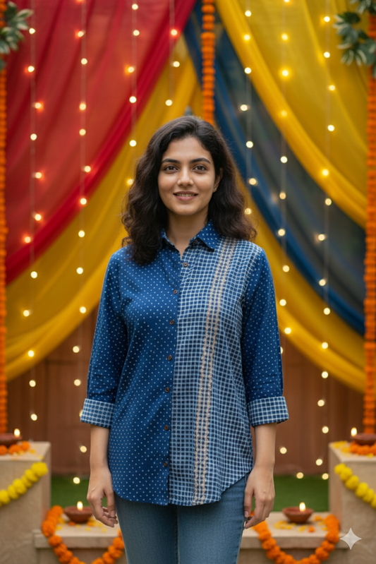 MORALFIBRE INDIGO PRINT SHIRT WITH HAND EMBROIDERED PANNEL