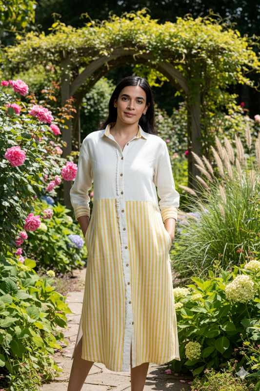 MORALFIBRE FRAYED TRIM PLACKET LONG SHIRT DRESS FROM "SHAPES COLLECTION "