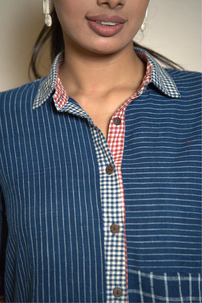 MORALFIBRE WABI SABI INDIGO SHIRT WITH MULTIPLE TEXTURES & WEAVE