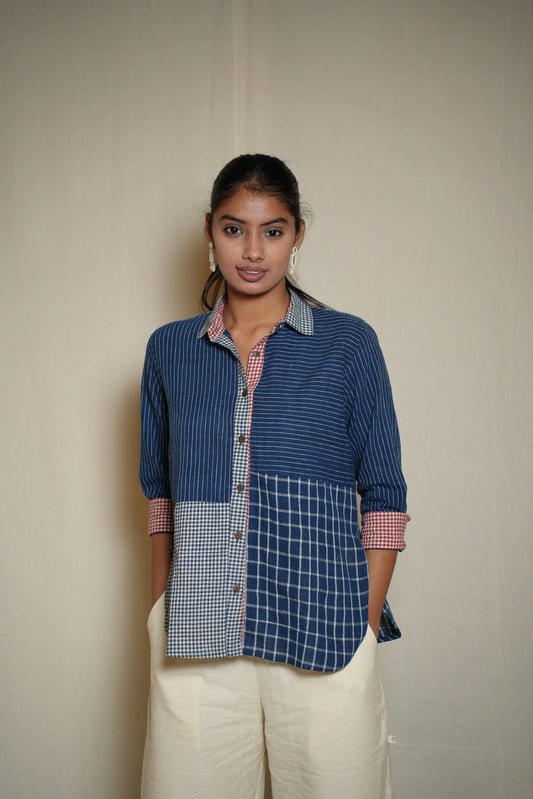 MORALFIBRE WABI SABI INDIGO SHIRT WITH MULTIPLE TEXTURES & WEAVE