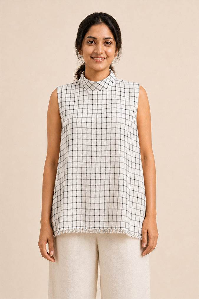 MORALFIBRE highneck side pannel checkered Top