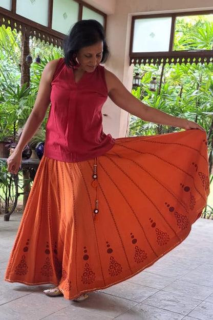 MORALFIBRE KALI CHANIYA WITH HAND BLOCK PRINTS AND MUKAISH & MIRROR WORK
