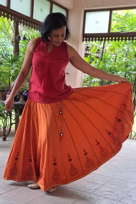 MORALFIBRE KALI CHANIYA WITH HAND BLOCK PRINTS AND MUKAISH & MIRROR WORK