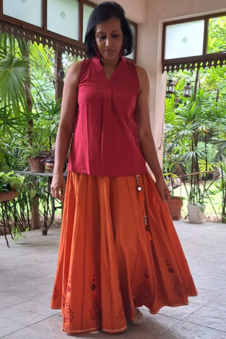 MORALFIBRE KALI CHANIYA WITH HAND BLOCK PRINTS AND MUKAISH & MIRROR WORK
