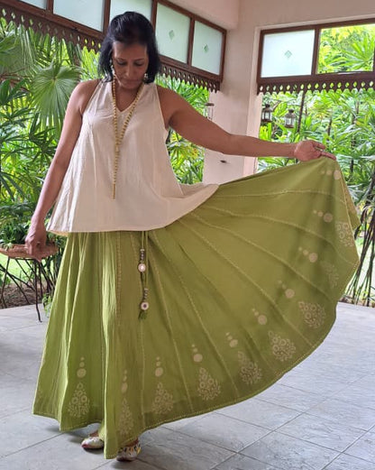 MORALFIBRE KALI CHANIYA WITH HAND BLOCK PRINTS AND MUKAISH & MIRROR WORK