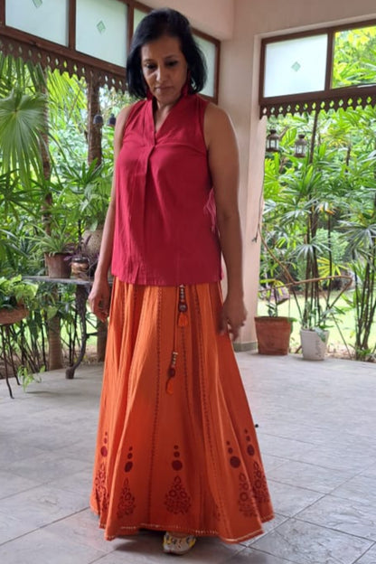 MORALFIBRE KALI CHANIYA WITH HAND BLOCK PRINTS AND MUKAISH & MIRROR WORK