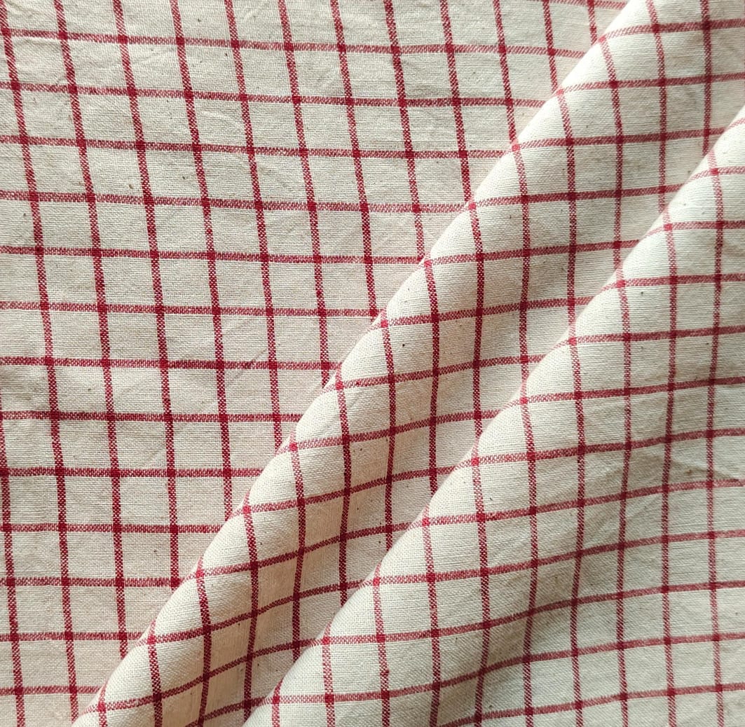 MORALFIBRE 100% Cotton handspun handwoven Red and Cream Organic Checks fabric