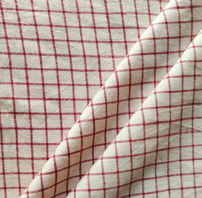 MORALFIBRE 100% Cotton handspun handwoven Red and Cream Organic Checks fabric