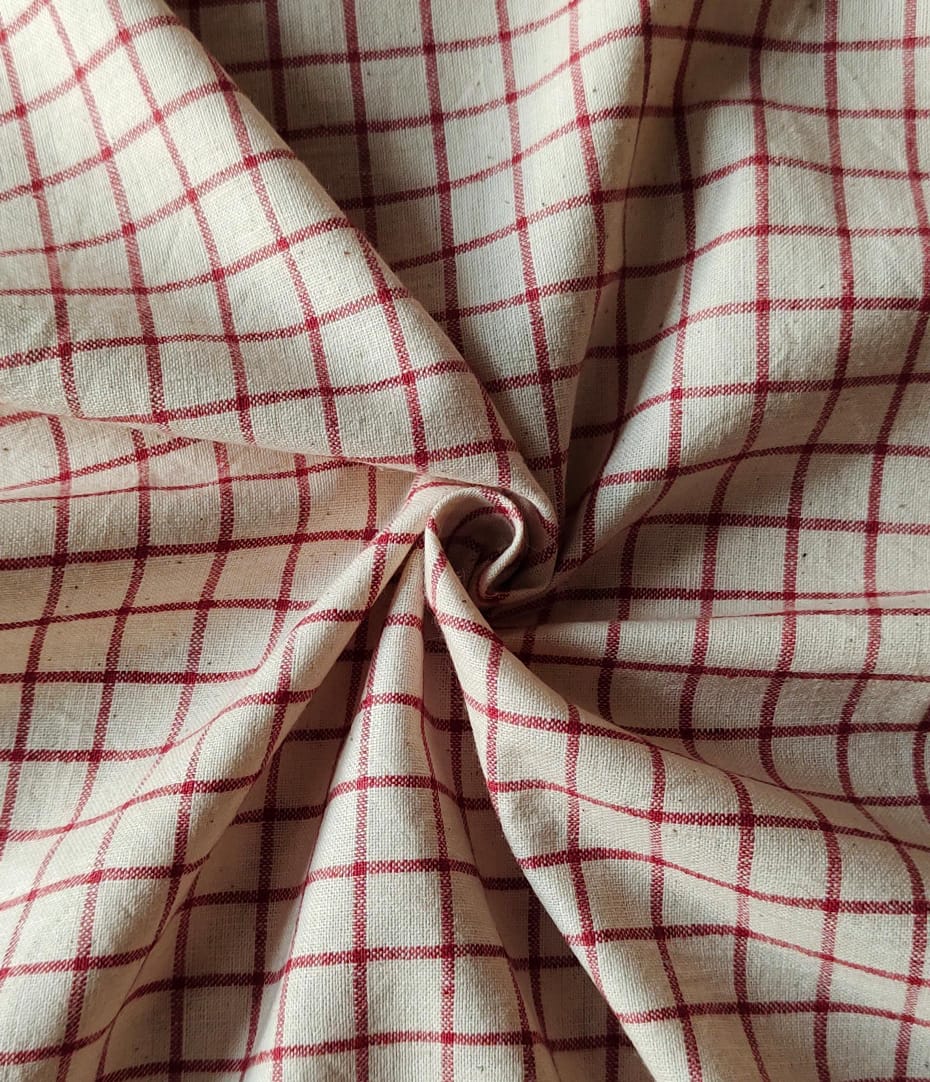 MORALFIBRE 100% Cotton handspun handwoven Red and Cream Organic Checks fabric