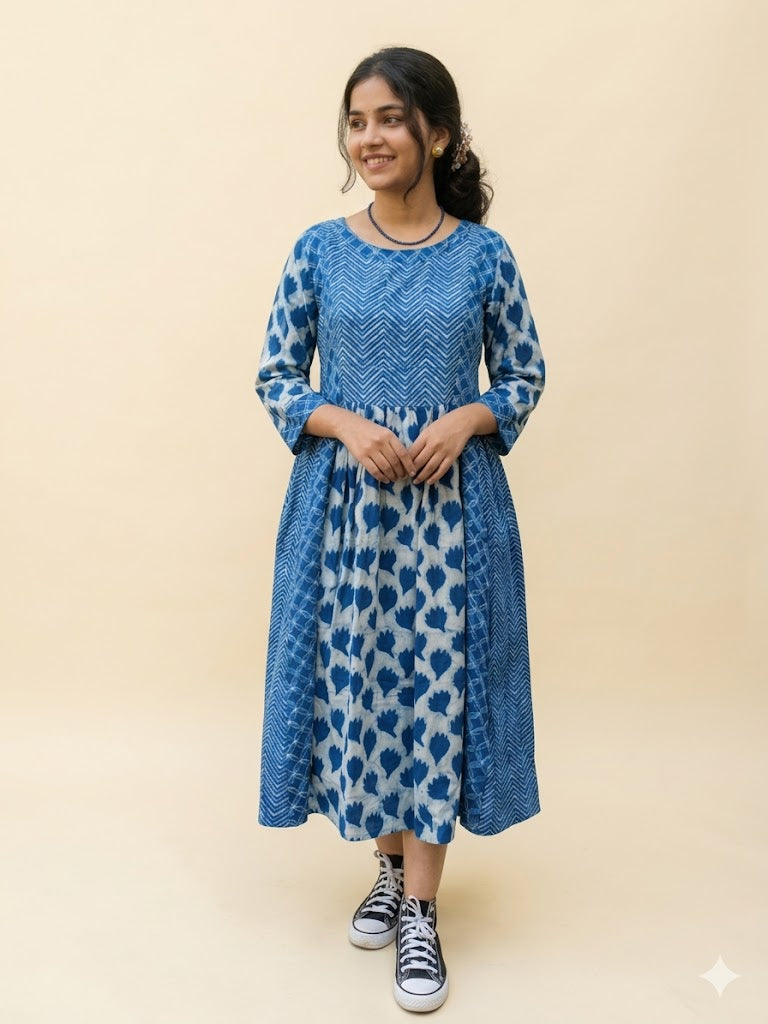 MORALFIBRE NATURAL INDIGO MULTI PRINT DRESS WITH 3/4TH SLEEVES