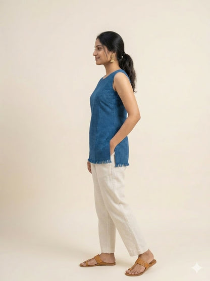 MORALFIBRE NATURAL INDIGO RAINDROP PRINTED KURTI WITH SIGNATURE RAW EDGES