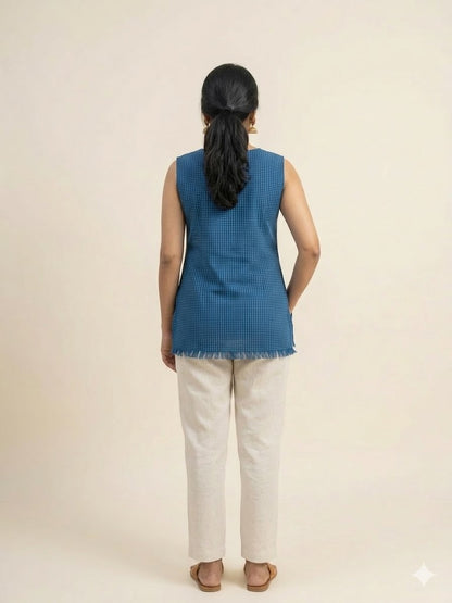 MORALFIBRE NATURAL INDIGO RAINDROP PRINTED KURTI WITH SIGNATURE RAW EDGES