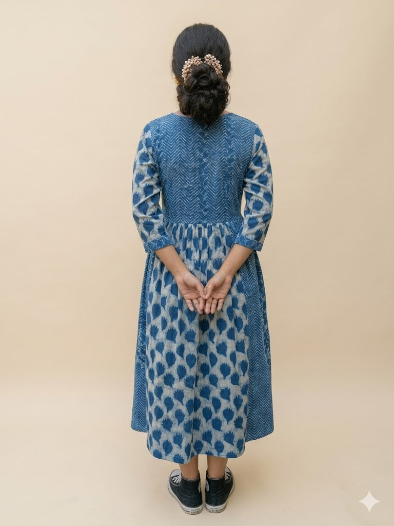 MORALFIBRE NATURAL INDIGO MULTI PRINT DRESS WITH 3/4TH SLEEVES
