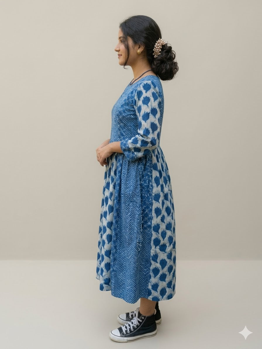 MORALFIBRE NATURAL INDIGO MULTI PRINT DRESS WITH 3/4TH SLEEVES