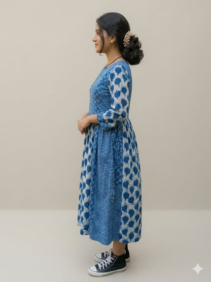 MORALFIBRE NATURAL INDIGO MULTI PRINT DRESS WITH 3/4TH SLEEVES