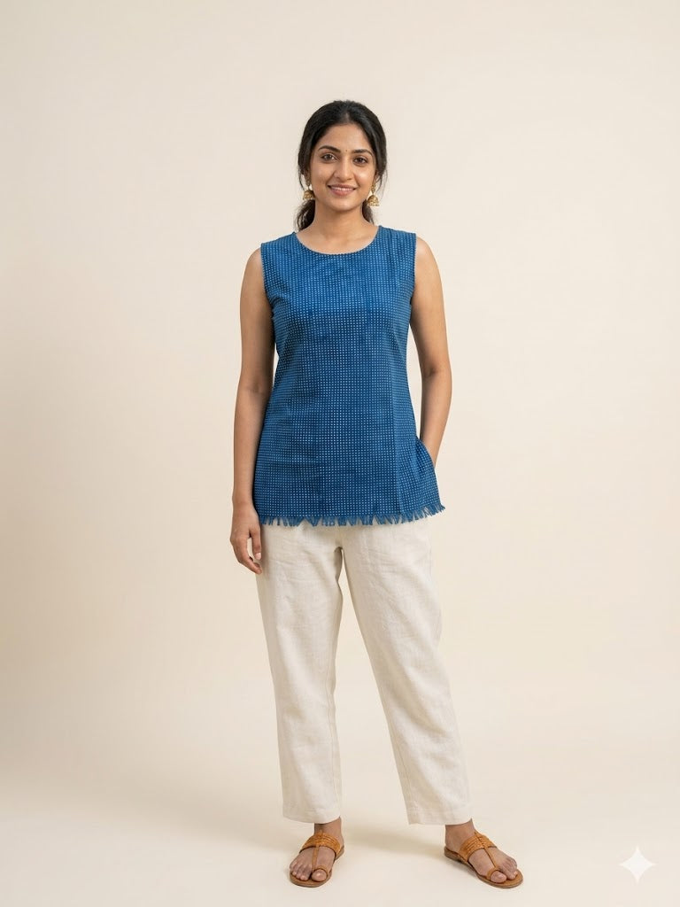 MORALFIBRE NATURAL INDIGO RAINDROP PRINTED KURTI WITH SIGNATURE RAW EDGES