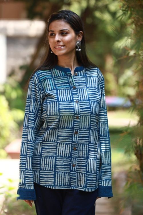 Buy Indigo Print Cotton Sleeveless Kurti Set Online in India | Colorauction  | Long kurti designs, Kurta designs women, Cotton kurti designs